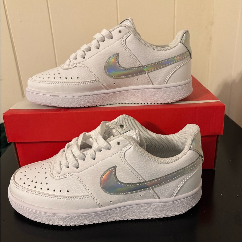 Nike Women White Sneakers with Holographic Silver Swoosh